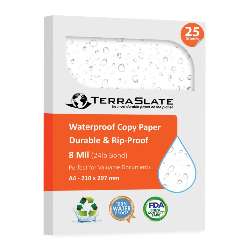 TerraSlate Waterproof & Tear-Resistant Copier Paper 8 MIL, A4 210 x 297 mm, White, (25 Sheets) - Image 1